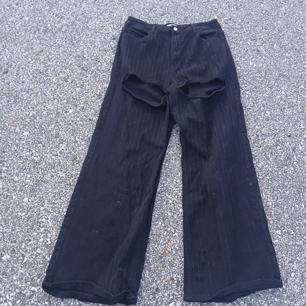 Forever 21 Pants Womens 31 Black Corduroy High Rise Wide Leg Striped Casual